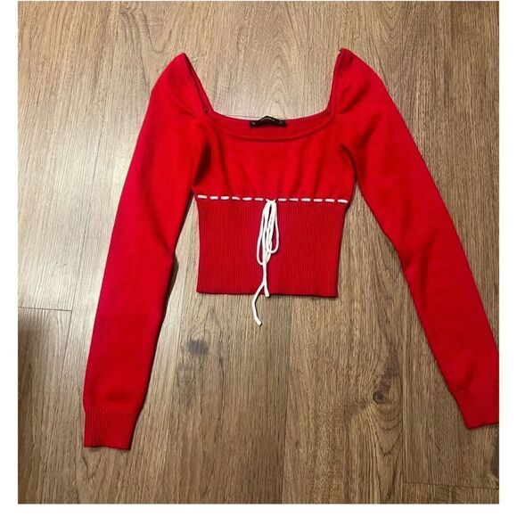 HESPERUS Natasha Square Neck Long Sleeve Knit Top in Red- sweater size S - Picture 4 of 6